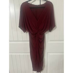 Fashion Nova Burgundy Ruched Twist Front Midi Dress Wine Red V Neck Bodycon